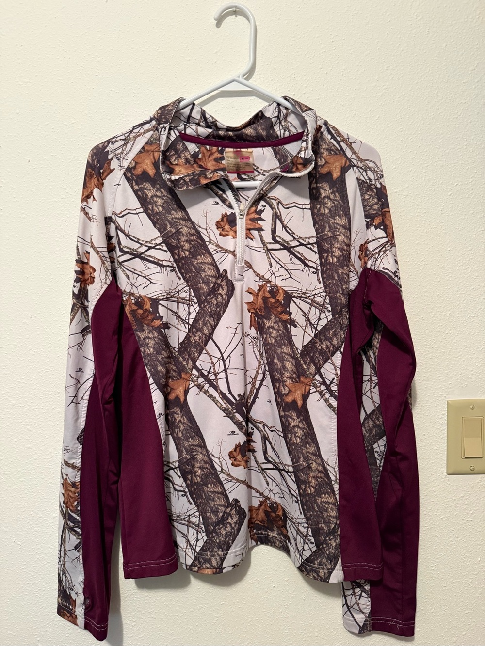 Mossy Oak White Camo Jacket with Plum Trim